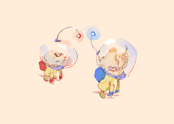 2boys backpack bad_tag bag big_nose blonde_hair blue_bag blue_gloves brown_hair bulborb_larva closed_eyes commentary eating english_commentary food fork gloves helmet highres holding holding_fork jason_lupas louie_(pikmin) male_focus multiple_boys nintendo olimar open_mouth orange_background pikmin_(series) pointy_ears radio_antenna red_bag red_gloves shadow short_hair simple_background sleepy space_helmet spacesuit very_short_hair walking