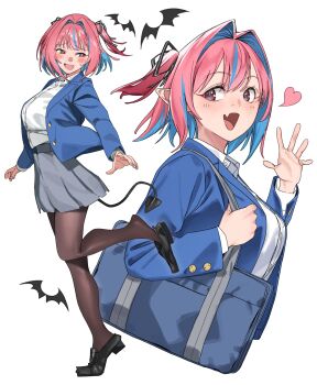 Rule 34 | 1girl, absurdres, bag, black pantyhose, black shoes, blazer, blue hair, blue jacket, blush, colored inner hair, commentary request, demon girl, demon tail, fang, full body, grey skirt, hair intakes, hand up, heart, heart tail, highres, jacket, kanan-sama wa akumade choroi, kanan (kanan-sama), lewdrawings, multicolored hair, open mouth, pantyhose, pink hair, pointy ears, red eyes, school bag, school uniform, shirt, shoes, short hair, shoulder bag, simple background, skin fang, skirt, sweatdrop, tail, waving, white background, white shirt