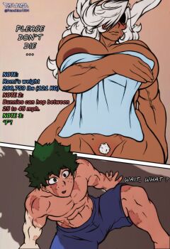 Rule 34 | 1boy, 1girl, age difference, boku no hero academia, breasts, english text, franchico1994, highres, huge breasts, male focus, midoriya izuku, nipples, pubic hair, tall female, usagiyama romi (franchico1994)