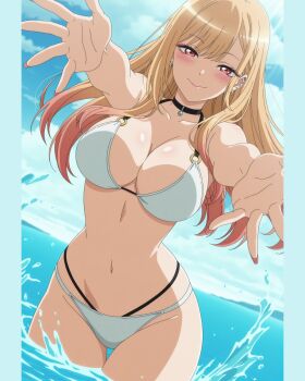 1girl artist_request bikini blonde_hair breasts female_focus kitagawa_marin large_breasts looking_at_viewer multicolored_hair navel outstretched_arms pink_eyes smile solo sono_bisque_doll_wa_koi_wo_suru swimsuit two-tone_hair white_bikini wide_hips