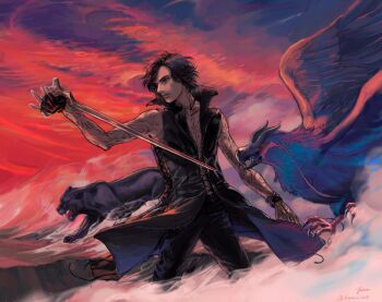 1boy black_coat black_hair black_pants cane coat commentary devil_may_cry_(series) devil_may_cry_5 english_commentary full-body_tattoo griffon_(devil_may_cry_5) high_collar holding holding_cane jaguar male_focus niko_(silent.whitesnow) pants red_sky shadow_(devil_may_cry_5) short_hair sky sleeveless sleeveless_coat smoke tattoo v_(devil_may_cry) wings