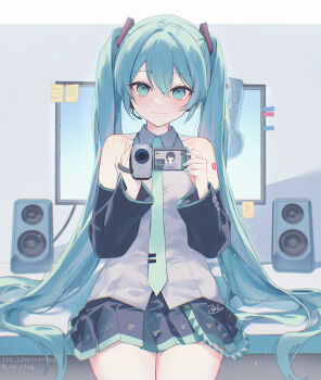 1girl aqua_eyes aqua_hair aqua_nails aqua_necktie aqua_trim bare_shoulders black_skirt black_sleeves blush camcorder closed_mouth collared_shirt commentary_request cowboy_shot detached_sleeves duplicate grey_shirt hair_between_eyes hair_ornament hatsune_miku headphones headphones_removed headset holding indoors long_hair long_sleeves looking_at_viewer microphone miniskirt monitor nail_polish necktie pleated_skirt shirt sidelocks signature silltare sitting skirt sleeveless sleeveless_shirt smile solo speaker sticky_note tie_clip twintails twitter_username untucked_shirt very_long_hair video_camera vocaloid watermark web_address wide_sleeves
