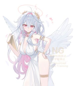 1girl absurdres angel armlet bon_(bony_53) book breasts bright_pupils cleavage closed_mouth colored_inner_hair commentary cowboy_shot dress feathered_wings flower gold_armlet gold_thighlet hair_between_eyes hair_flower hair_flowing_over hair_intakes hair_ornament halo hand_on_own_hip heart highres holding holding_book jewelry large_breasts laurel_crown leaning_forward long_hair looking_at_viewer multicolored_hair neck_ring original pelvic_curtain pink_eyes pink_hair pink_halo pink_streaks ring sideless_dress sideless_outfit sparkle standing symbol-only_commentary thighlet v-shaped_eyebrows wavy_hair white_background white_dress white_hair white_wings wings