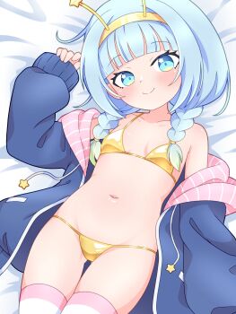 1girl absurdres bare_shoulders bikini blue_eyes blue_hair blue_jacket blush braid breasts collarbone gold_bikini hairband highres jacket jelly_hoshiumi jelly_hoshiumi_(comfy) loli long_hair midriff mira_peppy navel open_clothes open_jacket phase_connect small_breasts solo spaghetti_strap star_(symbol) star_hairband striped_clothes striped_thighhighs swimsuit thighhighs twin_braids virtual_youtuber yellow_hairband