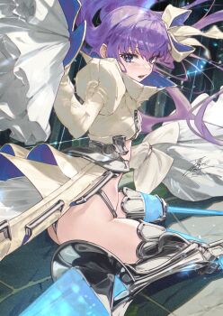 1girl blue_eyes commentary crotch_plate fadingz fate/grand_order fate_(series) film_grain floating_hair juliet_sleeves leg_blade long_hair long_sleeves looking_at_viewer looking_back meltryllis_(fate) meltryllis_(third_ascension)_(fate) parted_lips pixiv_id prosthesis prosthetic_leg puffy_sleeves purple_hair signature sitting sleeves_past_fingers sleeves_past_wrists solo