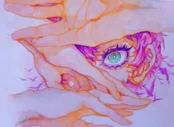 1girl aqua_eyes bird bright_pupils colored_eyelashes extra_hands highres jojo_no_kimyou_na_bouken looking_at_viewer painting_(medium) pink_hair purple_hair simple_bird solo traditional_media trish_una watercolor_(medium) white_pupils wulie_errr
