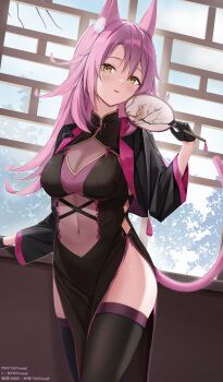 Rule 34 | 1girl, absurdres, alternate costume, animal ear fluff, animal ears, bilibili username, black dress, black gloves, black thighhighs, breasts, cat ears, cat girl, cat tail, china dress, chinese clothes, clothing cutout, commentary request, covered navel, cowboy shot, day, dress, duel monster, gloves, hair between eyes, half gloves, hand fan, highres, holding, holding fan, indoors, large breasts, light blush, long hair, long sleeves, looking at viewer, navel cutout, parted lips, pelvic curtain, pink hair, pink tail, pixiv username, revision, see-through cleavage, see-through clothes, sidelocks, skindentation, smile, solo, standing, tail, thighhighs, tokiyanagi, tri-brigade ferrijit the barren blossom, twitter username, window, yellow eyes, yu-gi-oh!