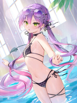 1girl absurdres aviator_sunglasses barbell_piercing bikini braid breasts center-flap_bangs chain chain_earrings colored_inner_hair commentary_request demon_girl demon_tail double-parted_bangs ear_piercing eyewear_on_head gradient_hair green_eyes hair_between_eyes hair_ornament hair_ribbon heart heart_hair_ornament heart_o-ring highres hololive houndstooth indoors industrial_piercing legs_together long_hair looking_at_viewer low_twintails multi-strapped_bikini_bottom multi-strapped_bikini_top multicolored_hair nail_polish navel navel_piercing o-ring o-ring_bikini open_mouth piercing pink_hair pointy_ears pool purple-tinted_eyewear purple_hair purple_nails ribbon runlan_0329 side-tie_bikini_bottom side_braid small_breasts solo spiked_ear_piercing stomach streaked_hair sunglasses swimsuit tail tail_ornament tail_piercing thigh_strap tinted_eyewear tokoyami_towa twintails very_long_hair virtual_youtuber wading