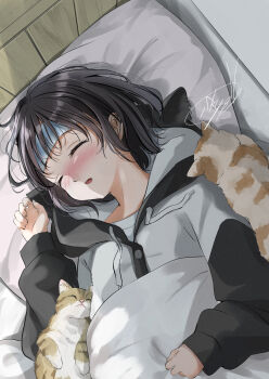 1girl animal bed_sheet black_cardigan black_hair blush cardigan cat clenched_hand closed_eyes commentary_request fever film_grain from_above hand_on_own_stomach hand_up headband headboard highres hood hooded_cardigan indoors lying multicolored_cardigan nose_blush on_back original parted_lips pet pillow shirt short_hair signature sleeping solo soragane_(banisinngurei) sweatdrop t-shirt under_covers upper_body white_cardigan white_shirt