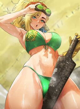 1girl absurdres adjusting_goggles armpits bikini blacksmith blonde_hair blue_eyes blurry blurry_background breasts cleavage commentary_request cowboy_shot crotch_rub freckles from_below front-tie_bikini_top front-tie_top gemma_(monster_hunter_wilds) gloves goggles goggles_on_head green_bikini high_ponytail highres holding i_b_(yaun2242) large_breasts long_hair looking_at_viewer looking_down monster_hunter_(series) monster_hunter_wilds navel parted_lips ponytail single_glove solo stomach sweat swimsuit yellow_gloves