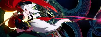 1girl absurdres animal_ear_fluff animal_ears attack barefoot black_background dark dragon fighting_stance fox_ears fox_girl fox_tail highres holding holding_sword holding_weapon inari_(game) izuna_(inari) jumping katana long_eyelashes long_toenails looking_to_the_side motion_blur motion_lines official_art pale_skin red_eyes red_scarf scarf shadow soles solo sword tail toenails weapon