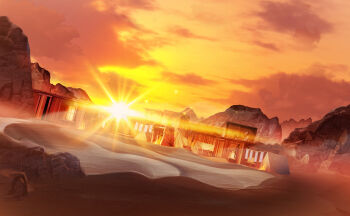 building cloud cloudy_sky commentary_request desert evening highres jongmin no_humans original outdoors sand scenery sky sun sunset tent