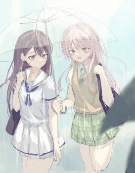 2girls absurdres bag bang_dream! bang_dream!_it&#039;s_mygo!!!!! black_bag black_hair blue_neckerchief blurry blush brown_sweater_vest chihaya_anon commentary depth_of_field fang green_necktie green_skirt grey_eyes hair_between_eyes hanasakigawa_school_uniform haneoka_school_uniform highres holding holding_umbrella latte_bf long_hair multiple_girls neckerchief necktie open_mouth pink_hair plaid_clothes plaid_skirt pleated_skirt purple_eyes rain sailor_collar school_bag school_uniform serafuku shared_umbrella shiina_taki shirt shoulder_bag skin_fang skirt sweater_vest transparent transparent_umbrella umbrella white_sailor_collar white_serafuku white_shirt white_skirt