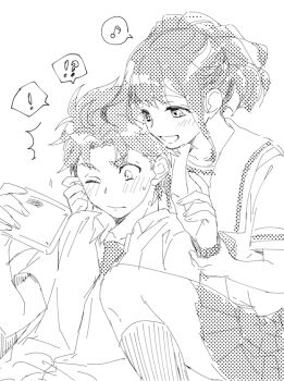 1boy 1girl blush chuo_tanegashima_high_school_uniform dress_shirt holding holding_another's_wrist holding_tablet_pc ikuhashi_muiko kneehighs musical_note nervous_sweating one_eye_closed open_collar open_mouth pleated_skirt robotics;notes school_uniform science_adventure senomiya_akiho shirt skirt smile socks spoken_musical_note sweat tablet_pc teasing thighs yashio_kaito