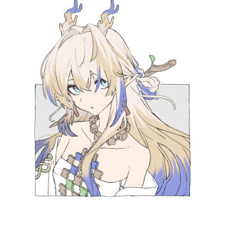1girl arknights bare_shoulders blonde_hair blue_eyes border commentary cropped_torso dragon_girl dragon_horns earrings grey_hair hair_between_eyes hair_intakes horns jewelry long_hair looking_at_viewer multicolored_hair necklace off_shoulder outside_border parted_lips pointy_ears purple_hair rnochi0812 shu_(arknights) solo strapless tube_top white_border white_tube_top