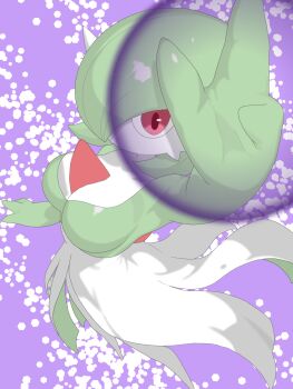 Rule 34 | 1girl, arm up, armpits, bob cut, breasts, colored skin, female focus, from above, full body, gardevoir, gen 3 pokemon, green hair, green skin, hair over one eye, large breasts, looking at viewer, looking up, multicolored skin, nintendo, no feet, no mouth, one eye covered, outstretched arm, pokemon, pokemon (creature), pokemon move, purple background, red eyes, shadow ball (pokemon), short hair, solo, standing, sunny day (pixiv 1052309), two-tone skin, white skin