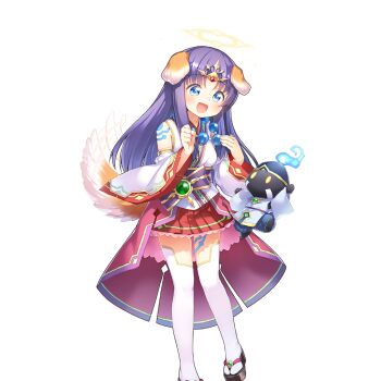 1girl animal_ears blue_eyes breasts circlet commentary_request detached_sleeves dog_ears dog_girl dog_tail floppy_ears geta kitoside long_hair off_shoulder open_mouth pomme_(uchihime) purple_hair satomi_nami small_breasts tail thighhighs uchi_no_hime-sama_ga_ichiban_kawaii white_thighhighs