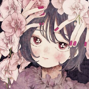 Rule 34 | 1girl, \||/, arms up, black background, black hair, blush, bob cut, commentary request, expressionless, flower, highres, looking at viewer, momo walnut, muted color, nail polish, nose blush, orchid, original, pink flower, portrait, purple eyes, purple nails, short hair, solo, white flower