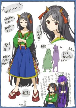 2girls artist_name black_gloves black_hair blue_shorts closed_eyes closed_mouth collarbone commentary_request crossed_arms dress elbow_gloves gloves green_shirt hands_on_own_chin headdress height_difference highres kumateya long_hair looking_at_viewer multiple_girls nippaku_zanmu parted_bangs purple_dress red_eyes red_sandals sandals shirt shorts small_horns smile touhou translation_request very_long_hair yomotsu_hisami