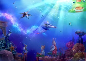 arwing beak breasts cleavage falco_lombardi fox fox_girl fox_mccloud frog gloves highres krystal medium_breasts nintendo peppy_hare rabbit rock scarf sitting slippy_toad smile smino930 spacecraft star_fox underwater water