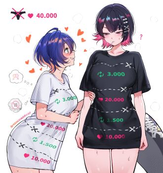 2girls ? absurdres arm_hug belle_(zenless_zone_zero) black_hair black_shirt blue_hair blush breasts colored_inner_hair cut-here_line dripping ellen_joe fins fish_tail heart highres interlocked_venus_symbols large_breasts like_and_retweet looking_at_viewer multicolored_hair multiple_girls qiandaiyiyu shark_girl shark_tail shirt short_hair simple_background speech_bubble steam steaming_body sweat tail thought_bubble twitter_cutting_game twitter_strip_game venus_symbol white_background yuri zenless_zone_zero