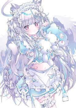 1girl angel_wings animal_ear_fluff animal_ears aoi_yugina apron bandaid blue_skirt blush braid cat_ears cat_girl cat_tail closed_mouth commission crop_top frilled_apron frills grey_hair hair_ornament hair_ribbon halo heart highres long_hair long_sleeves looking_at_viewer maid_headdress midriff multicolored_hair navel original red_eyes ribbon sensitive simple_background skirt sleeves_past_wrists solo stuffed_animal stuffed_toy symbol-shaped_pupils tail teddy_bear two_side_up very_long_hair white_background wings