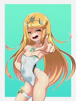 1girl aged_down annoyed blonde_hair blush chest_jewel core_crystal_(xenoblade) curvy female_focus fingernails flat_chest hair_ornament hand_on_own_hip highres leg_strap leotard loli long_hair looking_at_viewer mythra_(xenoblade) nintendo open_mouth pointing pointing_at_viewer sleepiitreat solo strapless strapless_leotard talking tsundere xenoblade_chronicles_(series) xenoblade_chronicles_2 yellow_eyes