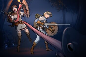 angela_(doodlepoodle) armor backpack bag bedroll belt blonde_hair blue_eyes boots brown_hair chainmail doodlepoodle fantasy fog frog giant_toad gloves highres hood imminent_vore kono_subarashii_sekai_ni_shukufuku_wo! night original panicking parody ponytail shield short_hair sword tagme thigh_boots thighhighs tongue torch tunic vambraces weapon