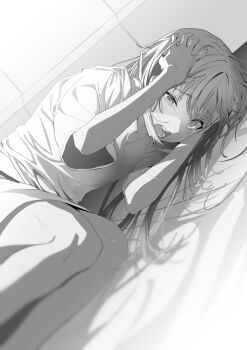 Rule 34 | 1girl, commentary request, greyscale, hakuchuumu no aojashin, half-closed eye, hands on own head, hands up, highres, indoors, long hair, lying, monochrome, novel illustration, official art, on side, open mouth, second-party source, shimofuri, solo, tears, wide sleeves, yonagi (hakuchuumu no aojashin)
