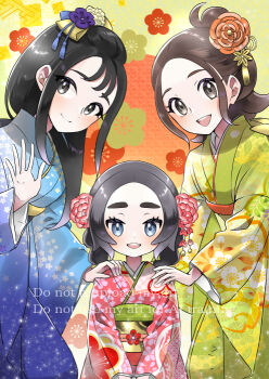 3girls :d alternate_costume ansha_(pokemon) black_hair blue_kimono blush brown_hair closed_mouth commentary_request floral_background furisode grey_eyes hair_bun hair_ornament hand_up harmony_(pokemon) japanese_clothes kimono lida_(pokemon) long_hair morisawa_machi multiple_girls new_year nintendo open_mouth pokemon pokemon_legends:_z-a sash sidelocks smile teeth upper_teeth_only watermark waving