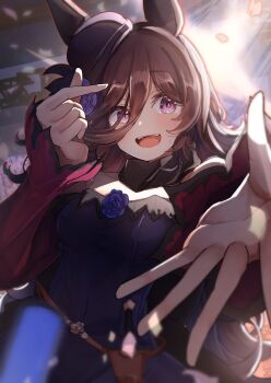 1girl absurdres animal_ears blue_flower blue_rose bow commentary dagger dress ear_bow finger_heart flipped_hair flower hair_over_one_eye hat hat_flower highres horse_ears horse_girl knife off-shoulder_dress off_shoulder reaching reaching_towards_viewer rice_shower_(rosy_dreams)_(umamusume) rice_shower_(umamusume) rose smile solo tilted_headwear umamusume weapon yu-muge