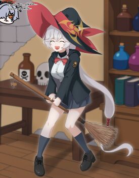 2girls absurdres blue_archive bow bowtie braid broom broom_riding broomstick eri_(blue_archive) halo hat highres jacket kanoe_(blue_archive) l&amp;p long_coat long_hair multiple_girls potion room shelf shirt shoes skirt skull sweater table white_hair witch_hat