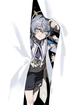 1boy alternate_costume blue_hair blue_pupils commentary_request curtains earrings halo halo_behind_head halo_downfall head_wings highres honkai:_star_rail honkai_(series) jacket jewelry light_blush light_smile medium_hair pants peeking piercing sunday_(honkai:_star_rail) turtleneck wings yellow_eyes
