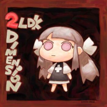 1girl archived_source arms_at_sides artist_name black_dress blunt_bangs border bow chibi closed_mouth commentary cross cross_print dress english_commentary english_text expressionless eyelashes full_body grey_hair hair_bow layered_dress legs_apart long_hair long_sidelocks low_twintails lowres no_nose no_pupils no_sclera original print_dress purple_eyes red_background red_border short_sleeves sidelocks solid_circle_eyes solo standing tanaka_kunihiko twintails very_long_hair white_border white_dress