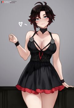 1girl absurdres alternate_breast_size_(larger) alternate_costume artist_name bare_shoulders black_choker black_dress black_hair bluefield breasts choker cleavage dress frills grey_background grey_eyes hand_up heart highres large_breasts looking_at_viewer multicolored_hair red_hair ruby_rose rwby short_dress short_hair simple_background solo thighs two-tone_hair