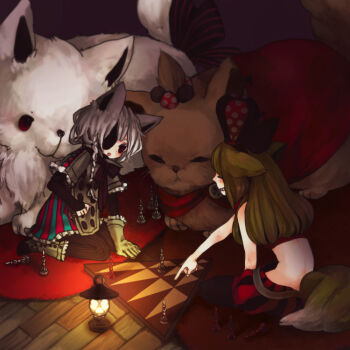 Rule 34 | 2girls, animal ears, boots, brown hair, colored eyelashes, eyepatch, gloves, lamp, limo, multiple girls, smile, tail, colored eyelashes, white hair, wolf