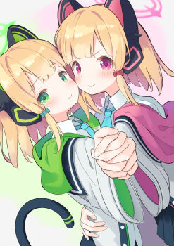 2girls absurdres animal_ear_headphones animal_ears aqua_bow aqua_necktie black_skirt black_thighhighs blonde_hair blue_archive blush bow cat_ear_headphones cat_ears cheek-to-cheek closed_mouth collared_shirt commentary_request fake_animal_ears green_eyes green_halo halo hand_on_another&#039;s_back headphones heads_together highres jacket long_hair long_sleeves midori_(blue_archive) miyatanpo615 momoi_(blue_archive) multiple_girls necktie pink_bow pink_eyes pink_halo pleated_skirt shirt siblings sisters skirt thighhighs twins white_jacket white_shirt