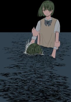 2girls absurdres asphyxiation bow bowtie clone closed_mouth collared_shirt commentary drowning empty_eyes expressionless grabbing_another's_arm green_eyes green_hair highres idolmaster idolmaster_shiny_colors looking_at_another multiple_girls nanakusa_nichika partially_submerged shirt short_hair short_sleeves sweater_vest upper_body watakushi_p water white_shirt wrist_cuffs