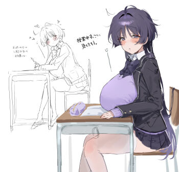 1girl au_au08 black_jacket black_skirt blush bow bowtie breast_rest breasts chair choppy_bangs commentary contemporary desk eyeliner from_side genderswap genderswap_(mtf) genshin_impact hair_between_eyes heart highres holding holding_pen huge_breasts jacket long_hair long_sleeves looking_at_viewer loving_aura makeup miniskirt multiple_views notebook on_chair open_clothes open_jacket parted_lips pen pencil_case purple_bow purple_bowtie purple_sweater red_eyeliner scaramouche_(genshin_impact) school_desk school_uniform simple_background sitting skirt sweater symbol-only_commentary white_background
