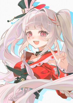 1girl :d absurdres animal_ears bow braid breasts choker clothing_cutout commentary diamond_(shape) diamond_facial_mark facial_mark fang hat hat_ornament heart heart_facial_mark highres honkai:_star_rail honkai_(series) iga_(millmlml) long_hair open_mouth rabbit_ears red_eyes red_streaks shoulder_cutout side_braid smile sparkle_(honkai:_star_rail) sparxie_(honkai:_star_rail) twintails white_hair