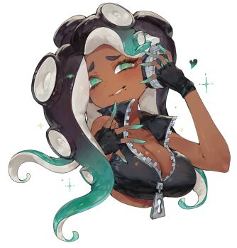 1girl aqua_eyes black_gloves breasts cephalopod_eyes cleavage colored_fingertips commentary_request crop_top cropped_torso dark-skinned_female dark_skin fingerless_gloves gloves gradient_hair headphones heart high_collar highres horizontal_pupils large_breasts long_hair looking_at_viewer marina_(splatoon) mole mole_under_mouth multicolored_hair nintendo octoling pink_pupils simple_background sleeveless smile solo splatoon_(series) splatoon_2 suction_cups tentacle_hair thick_eyebrows togetoge white_background zipper zipper_pull_tab