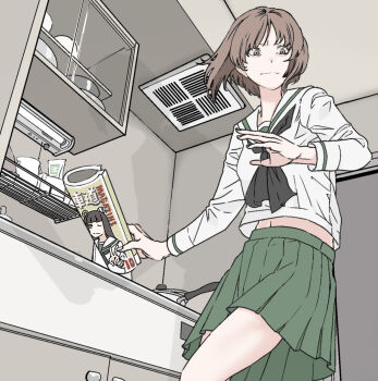 1girl breasts brown_eyes brown_hair closed_mouth girls_und_panzer highres kitchen long_sleeves magazine_(object) magazine_(weapon) nishizumi_miho ooarai_school_uniform pleated_skirt saucepan school_uniform serafuku shirt short_hair skirt skrmtl solo standing white_shirt
