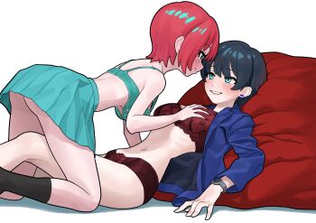 2girls absurdres amate_yuzuriha ass_peek bean_bag_chair black_hair blush bra breasts eye_contact grabbing_another&#039;s_breast green_eyes groping gundam gundam_gquuuuuux highres incest large_breasts lingerie looking_at_another mature_female mother_and_daughter multiple_girls navel okokorika on_ground open_clothes open_shirt panties red_hair short_hair simple_background skirt smile socks tamaki_yuzuriha underwear watch white_background wristwatch yuri