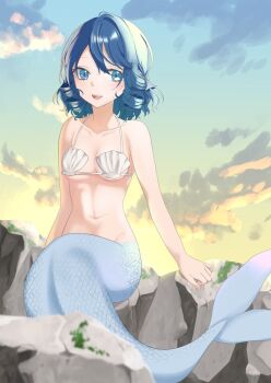 1girl alternate_costume bikini blue_eyes blue_hair blurry breasts cloud collarbone commentary_request commission depth_of_field drill_hair drill_sidelocks fins head_fins medium_breasts medium_hair mermaid monster_girl navel open_mouth scales shell shell_bikini sidelocks sitting skeb_commission smile solo swimsuit teeth touhou tsuno_no_hito upper_teeth_only wakasagihime