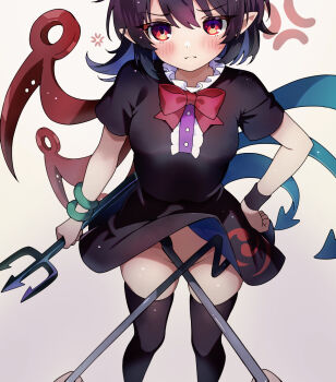 2girls :t anger_vein angry asymmetrical_wings black_dress black_hair black_thighhighs blue_wings blush bow bowtie breasts chikuzen1996 closed_mouth commentary_request convenient_censoring dowsing_rod dress dual_wielding female_pov groin hand_on_own_hip highres holding houjuu_nue looking_at_viewer medium_breasts medium_hair multiple_girls nazrin no_panties pointy_ears polearm pout pov red_bow red_bowtie red_eyes red_wings short_sleeves skindentation solo_focus thighhighs touhou trident weapon wings