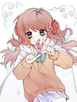 Rule 34 | 1girl, :q, ahoge, aqua eyes, blue skirt, bow, bowtie, brown hair, candy, cape, cardigan, closed mouth, commentary request, cowboy shot, finger frame, floating hair, food, ghost, green bow, green bowtie, hair ornament, hair ribbon, hands up, heart, heart hair ornament, highres, long sleeves, looking at viewer, makeup, miniskirt, neuro-sama, pleated skirt, red ribbon, ribbon, runny makeup, sailor collar, sheet ghost, single hair intake, skirt, solo, sparkle, tongue, tongue out, two side up, v-shaped eyebrows, vedal ai, white background, white cape, wrapped candy, yebiyo1206, yellow cardigan