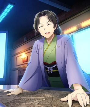 Rule 34 | 1girl, black hair, black sash, ceiling light, closed eyes, facing viewer, forehead, game cg, gojou iroha, green kimono, hair bun, hands on table, haori, indoors, japanese clothes, kimono, map, mature female, medium hair, monitor, obi, official art, parted bangs, purple haori, reflective table, sash, sidelocks, single hair bun, smile, solo, table, teeth, third-party source, toji no miko, toji no miko: kizamishi issen no tomoshibi, upper body, upper teeth only, wall lamp