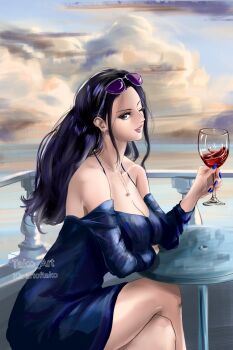 1girl black_hair blue_nails breasts cleavage cloud commentary cup drinking_glass earrings eyewear_on_head highres holding holding_cup instagram_username jewelry long_hair looking_at_viewer necklace nico_robin one_eye_closed one_piece outdoors profile purple-tinted_eyewear sidelocks sitting solo stupidtako tinted_eyewear wine_glass