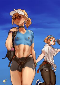 1boy 1girl absurdres aqua_eyes arm_behind_back asymmetrical_bangs bag belt belted_shorts black_bag black_collar black_pantyhose blonde_hair blue_background blue_eyes blue_hairband blue_shoes blush bodypaint bracelet breasts cellphone chastity_cage chastity_cage_strap closed_mouth collar cowboy_shot earrings elf exhibitionism eyes_visible_through_eyewear flipped_bangs foot_up_heel_up glasses gold_piercing grey_shorts hairband highres holding holding_hands holding_phone holding_strap hoop_earrings interlocked_fingers inward_flipped_hair jewelry link male_focus medium_breasts multicolored_shoes naked_paint navel_piercing nintendo nipple_piercing nipple_rings nude o-ring_collar one_eye_closed outdoors painted_clothes pantyhose phone piercing pointy_ears ponytail princess_zelda public_indecency red_belt see-through_clothes see-through_shirt selfie sex_toy shirt shoes short_hair short_ponytail short_shorts short_sleeves shorts shoulder_bag signature small_chastity_cage smartphone sneakers solo_focus sweat testicles the_legend_of_zelda thick_eyebrows tied_shirt trap triforce turning_head two-tone_shoes urethral_beads urethral_insertion visor_cap walking white_shirt ztyoho
