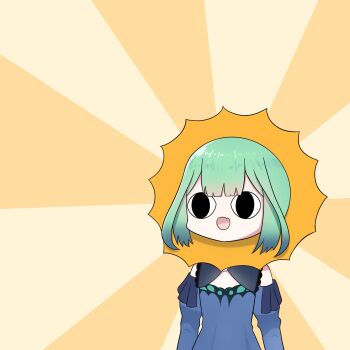 &lt;o&gt;_&lt;o&gt; 1girl :d bare_shoulders blue_dress blue_sleeves brown_background commentary detached_sleeves dress english_commentary fang fong_(fongthe0125) green_hair highres hololive juliet_sleeves long_sleeves open_mouth puffy_sleeves smile solo sunburst sunburst_background upper_body uruha_rushia uruha_rushia_(1st_costume) virtual_youtuber